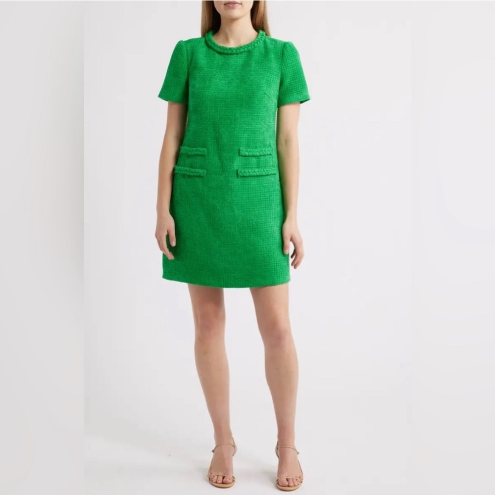 Eliza J Women's US 8 Emerald Green Braided Trim Boucle Tweed Mini Shift Dress